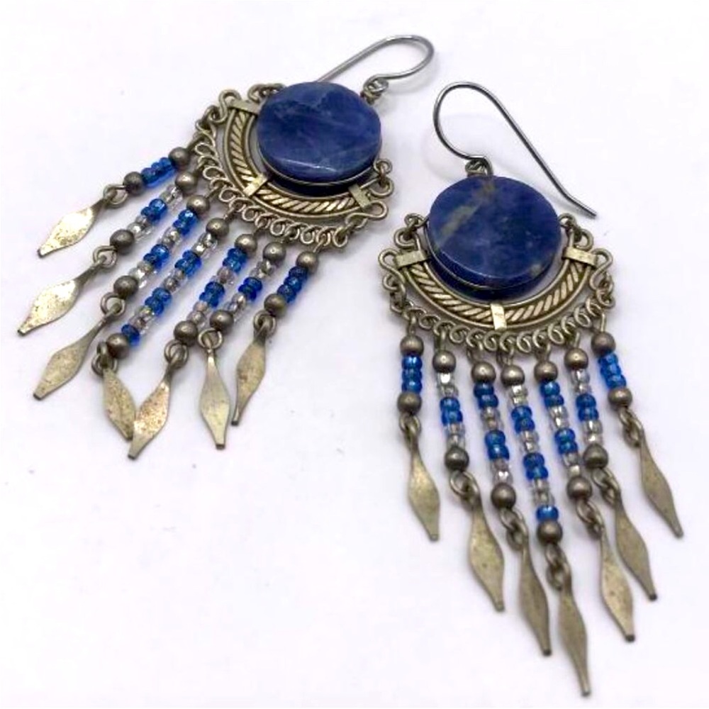 Antique Silver-Tone & Sodalite Dangle Earrings